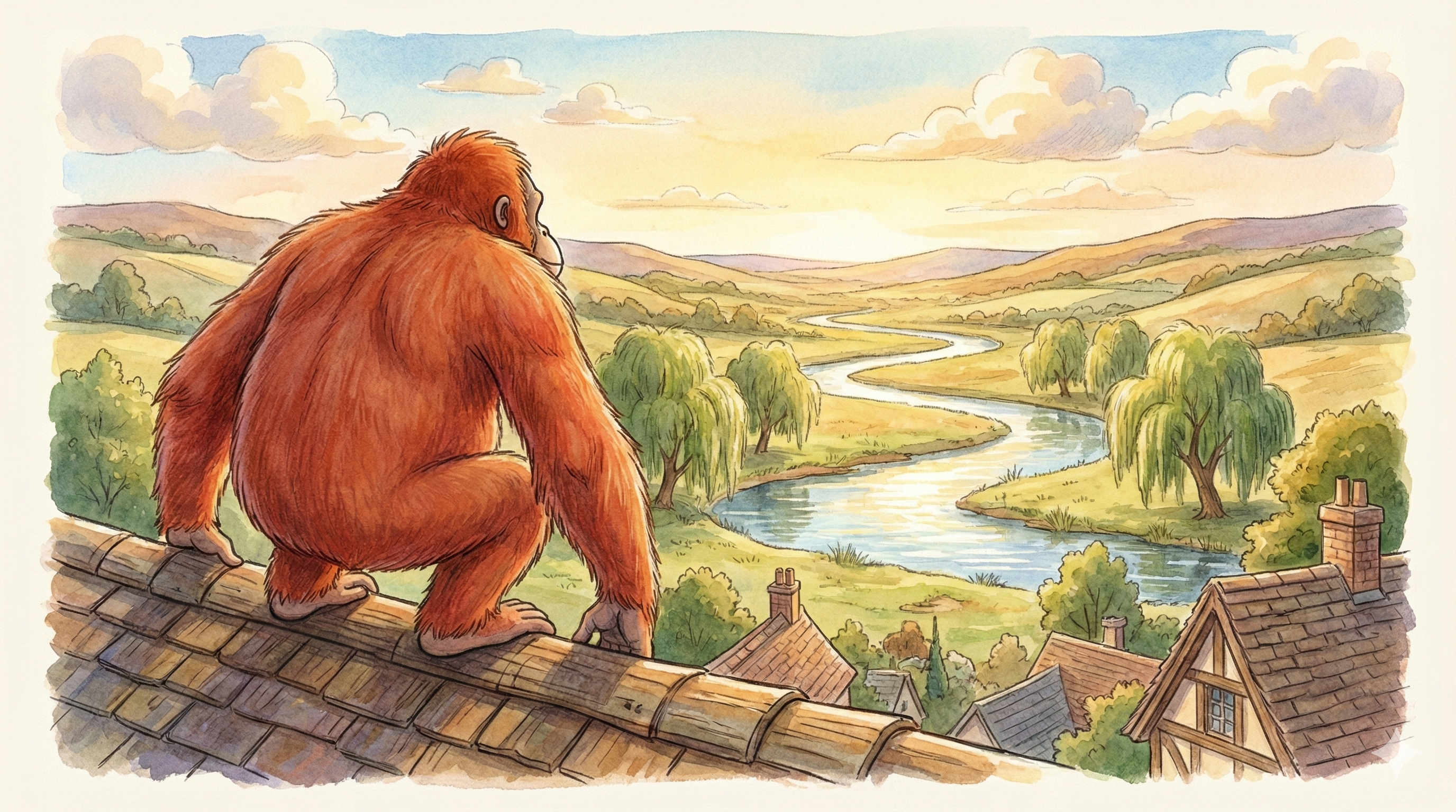 Abe the orangutan perched on a village rooftop, looking out over the Valley river and rolling hills