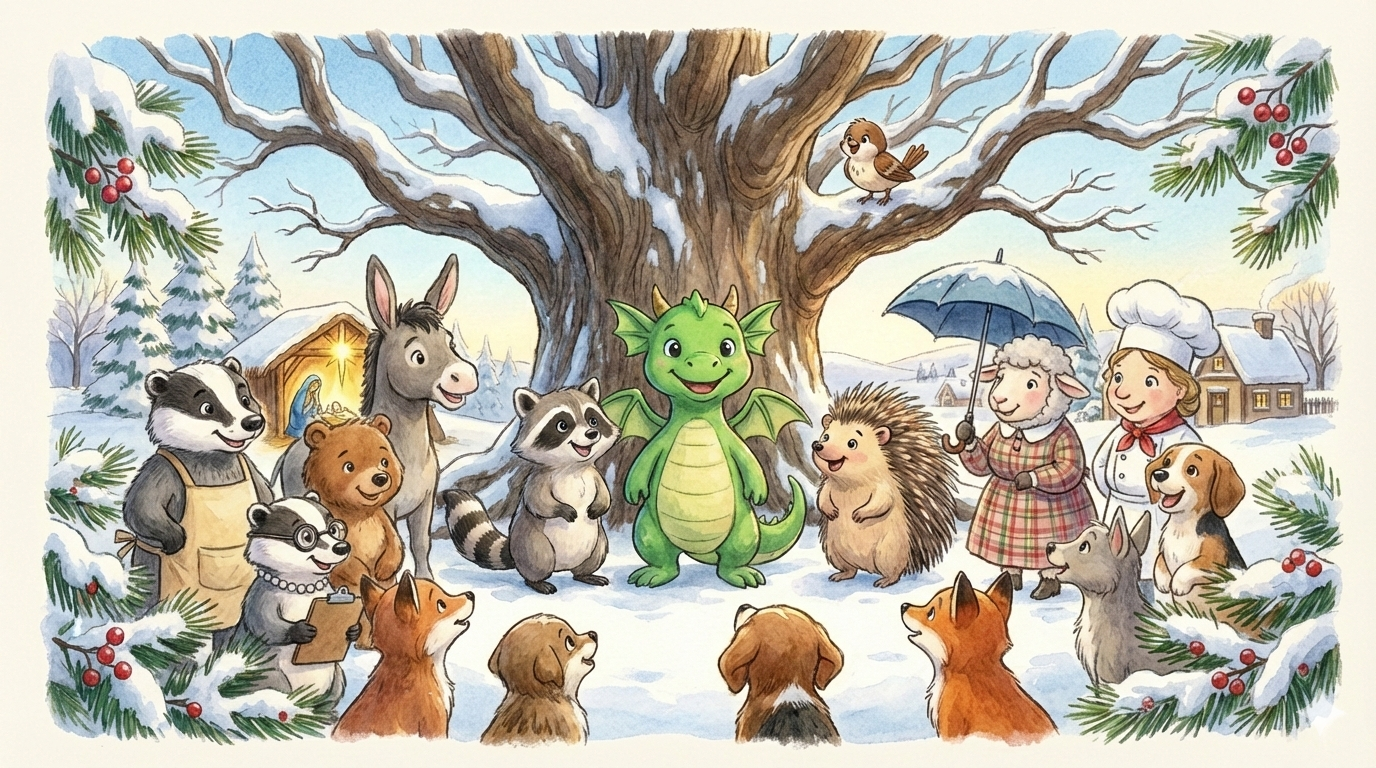 Fennel and all his Valley friends gathered in the snow beneath the Great Oak Tree on Christmas morning, framed by holly and pine