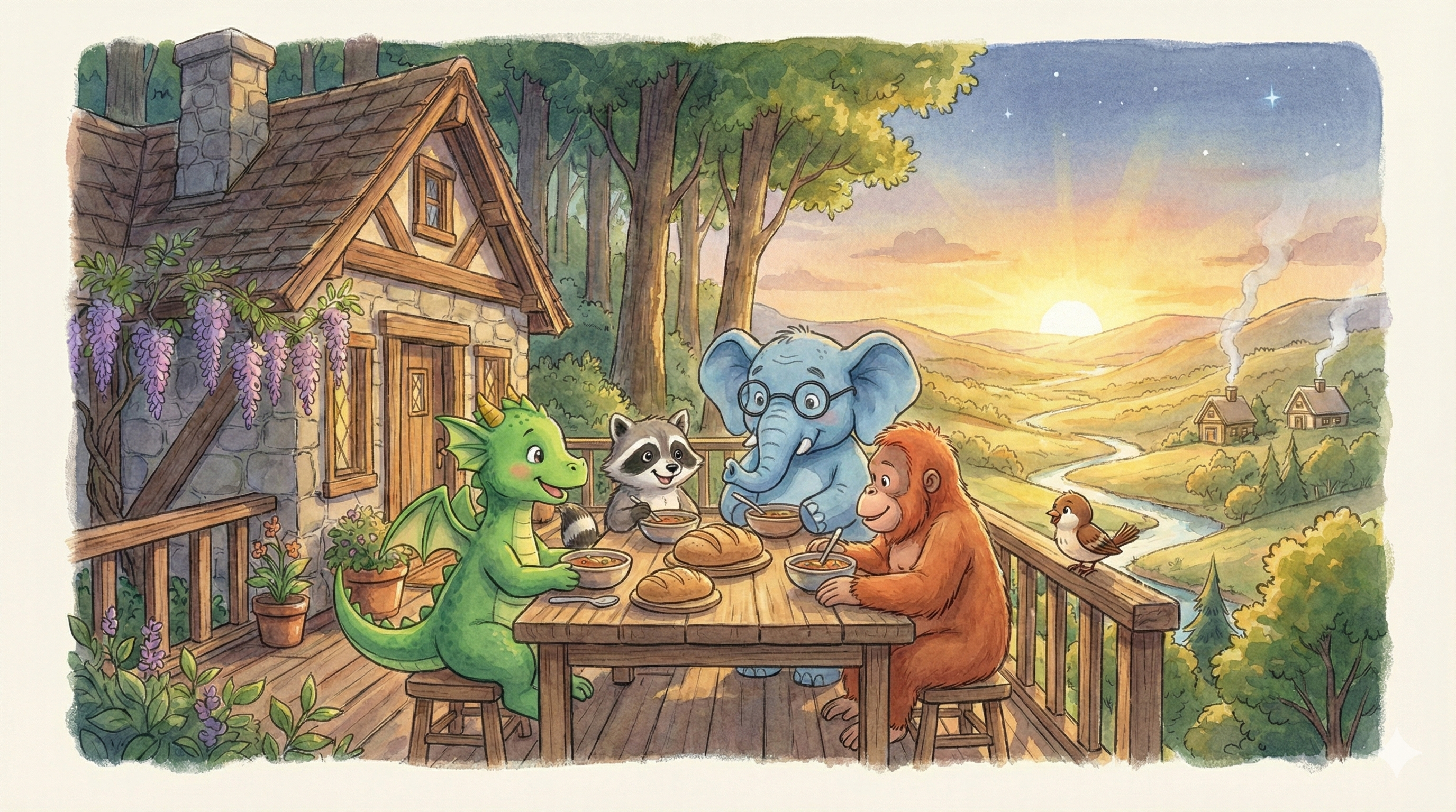 Fennel, Baxter, O.T., and Abe sharing supper together on Fennel's porch as the sun sets over the Valley