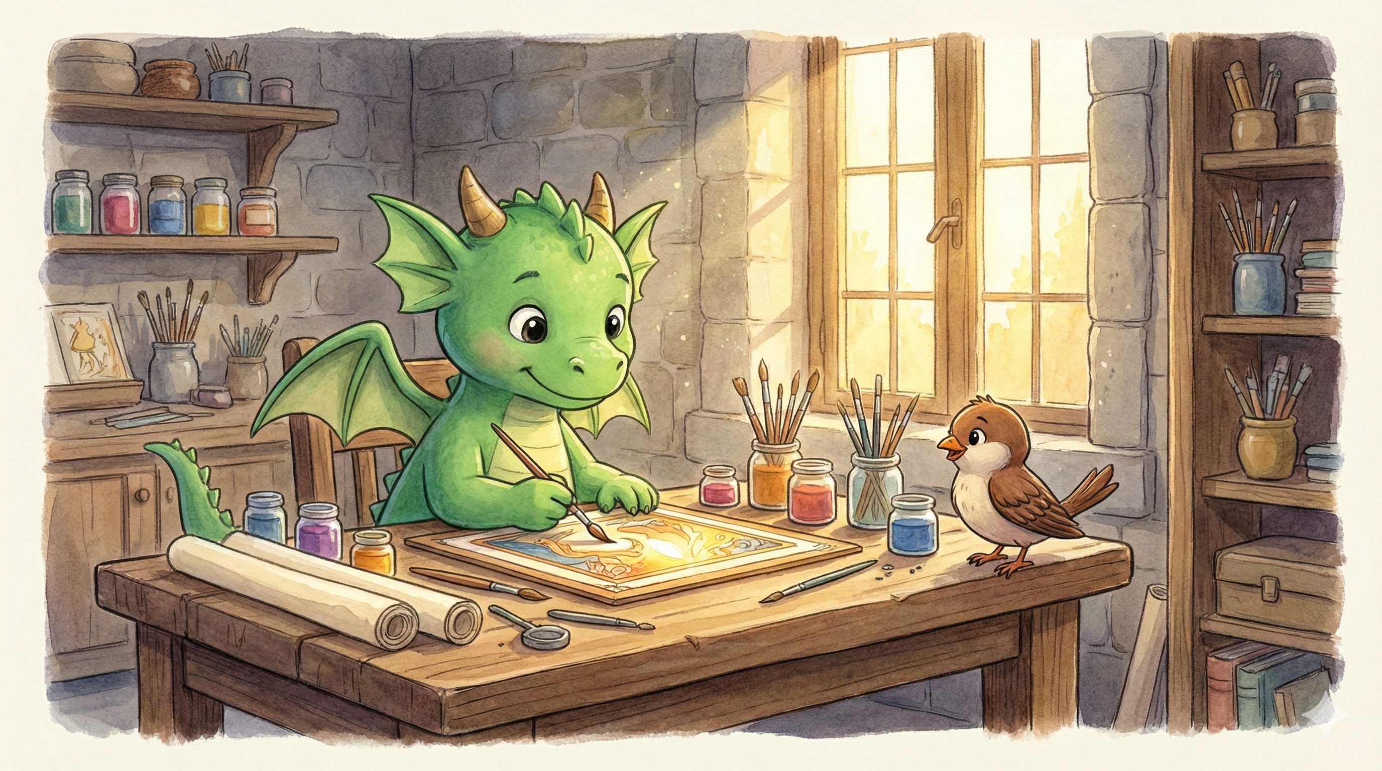 Fennel painting at a wooden table in his studio with Chirp the sparrow watching nearby, surrounded by jars of colorful paint