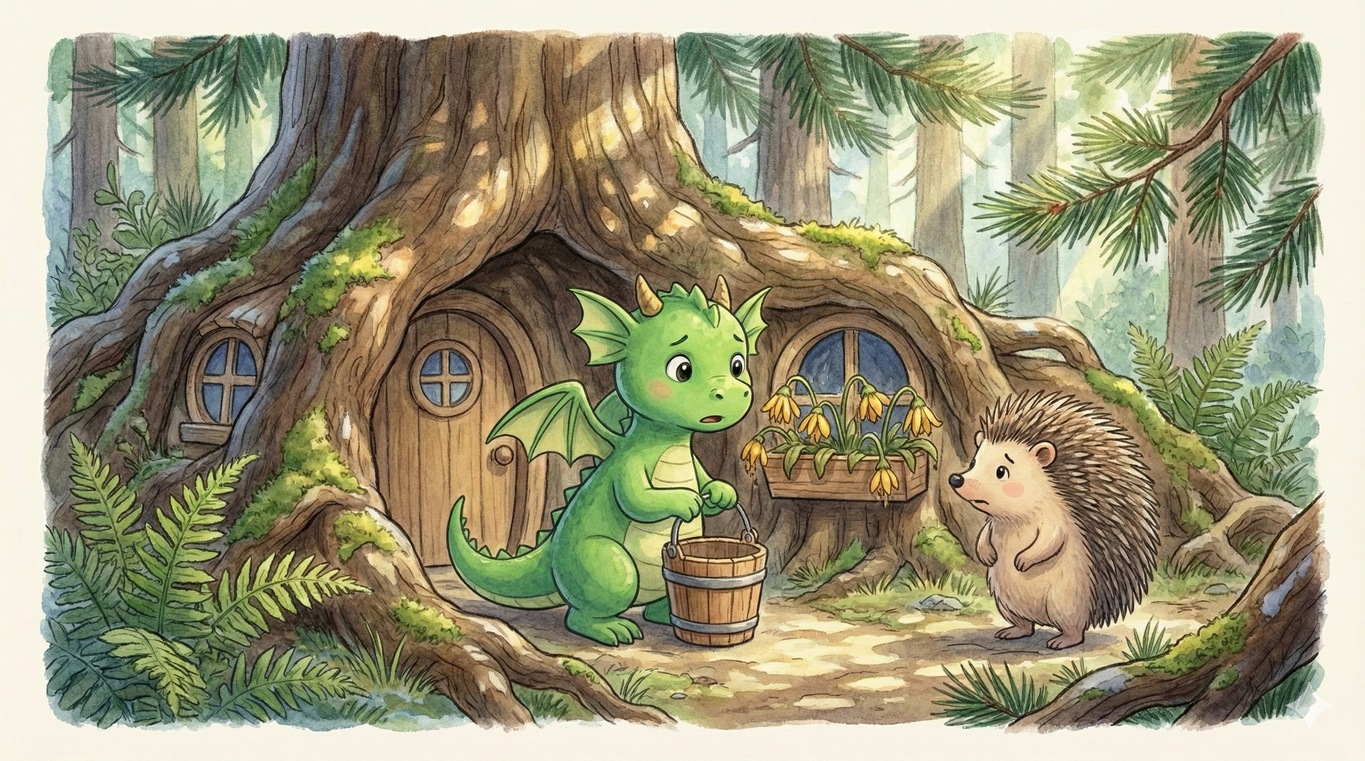 Fennel carrying a watering bucket to Stickles the porcupine outside his tree-root home, where drooping flowers hang in the window box