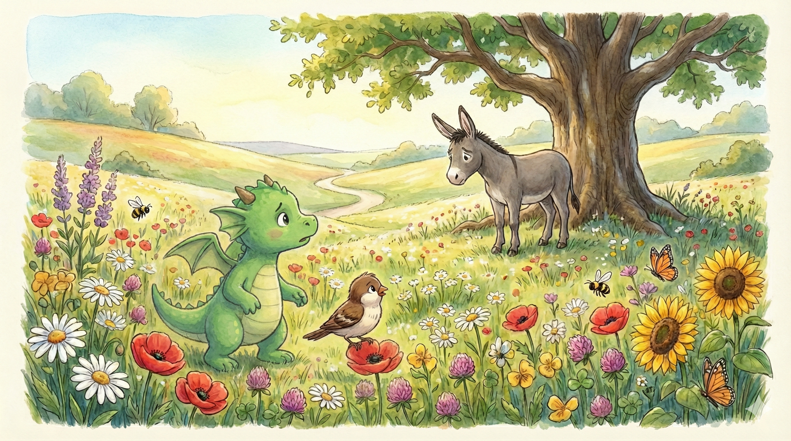 Fennel and Chirp meeting Barley the donkey in a sunny meadow filled with wildflowers and butterflies