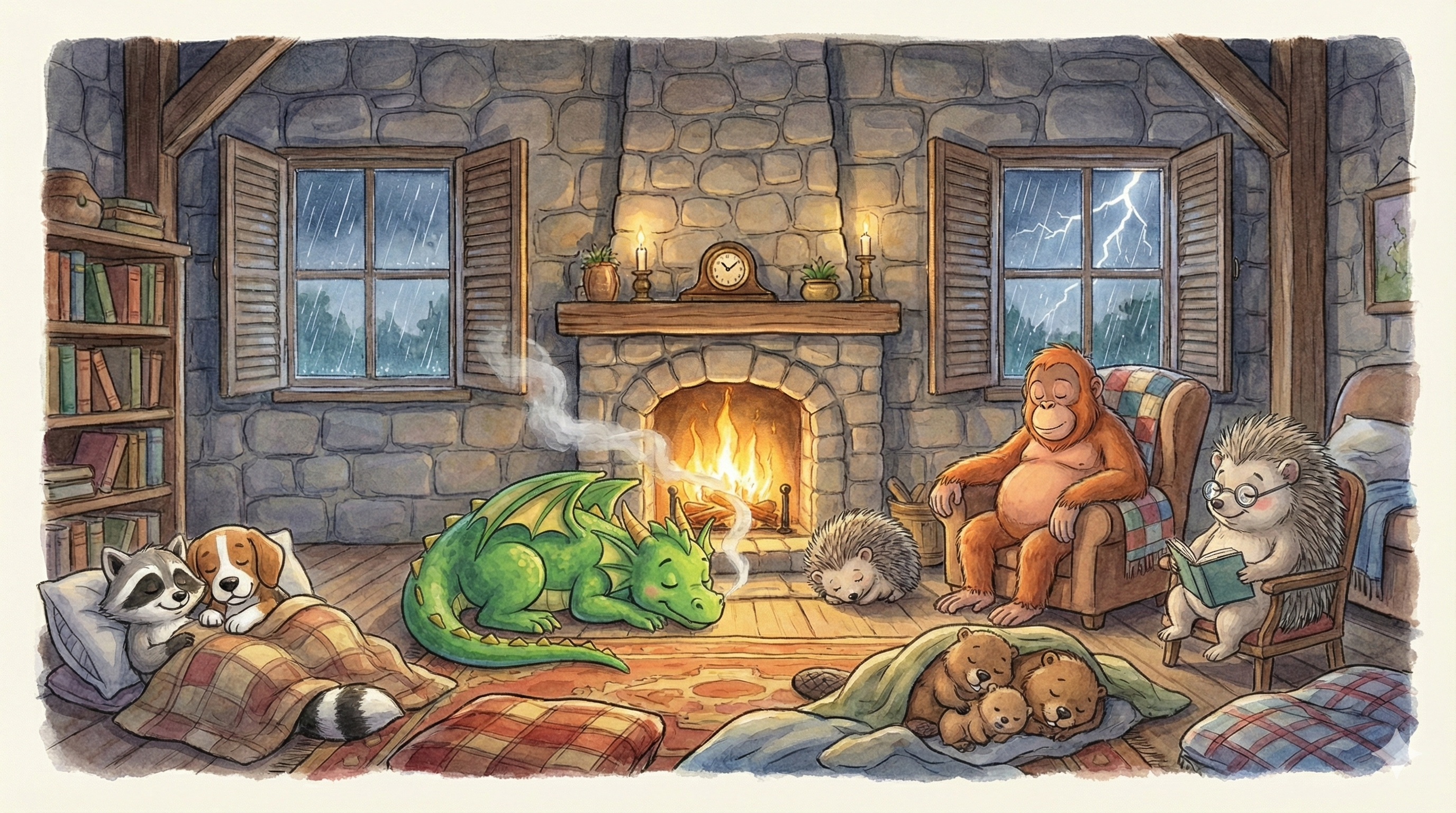Fennel and all his friends sheltering together by a warm fireplace during a stormy night, with lightning visible through the windows