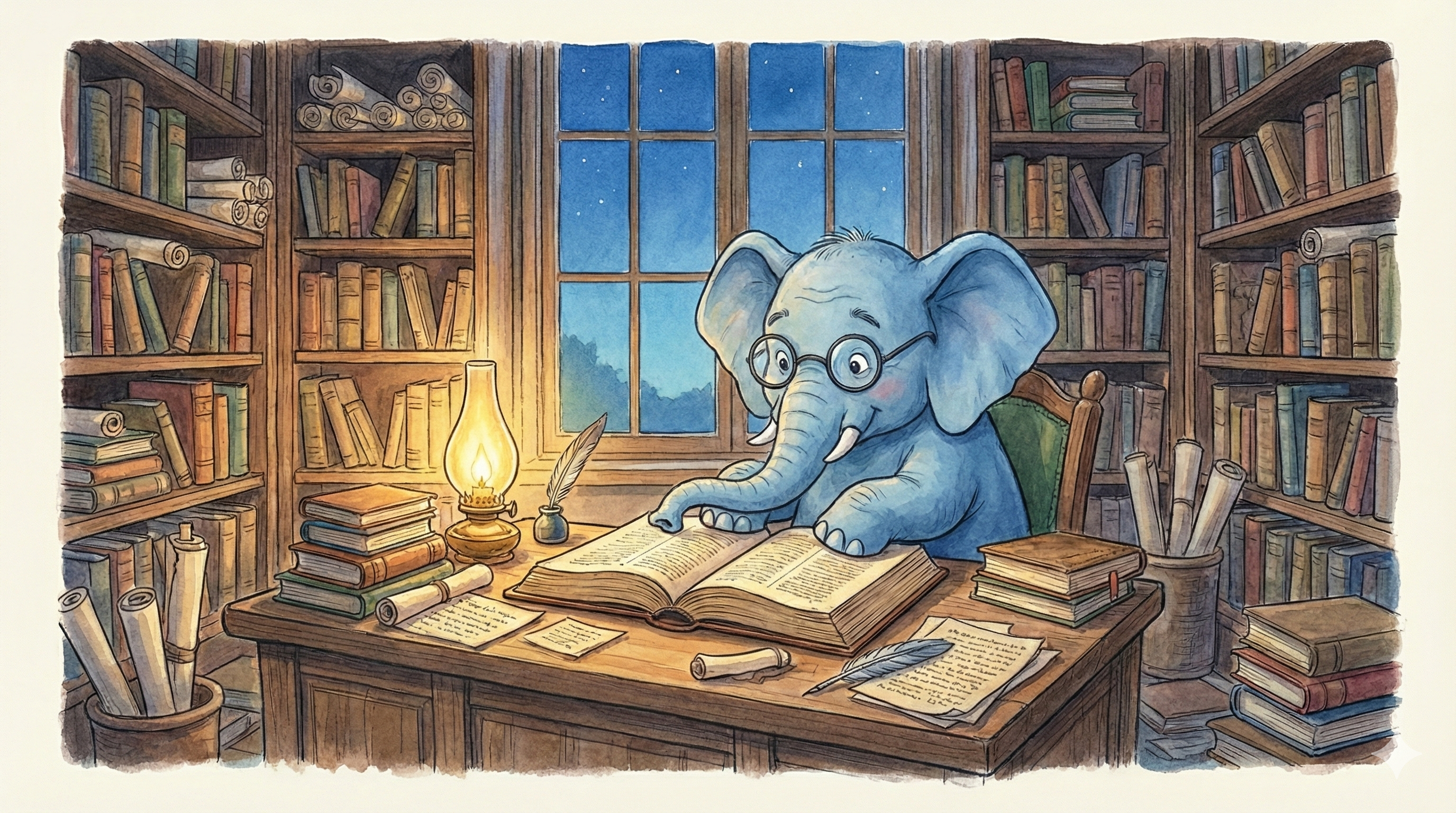 O.T. the elephant studying by lamplight at his desk, surrounded by floor-to-ceiling bookshelves
