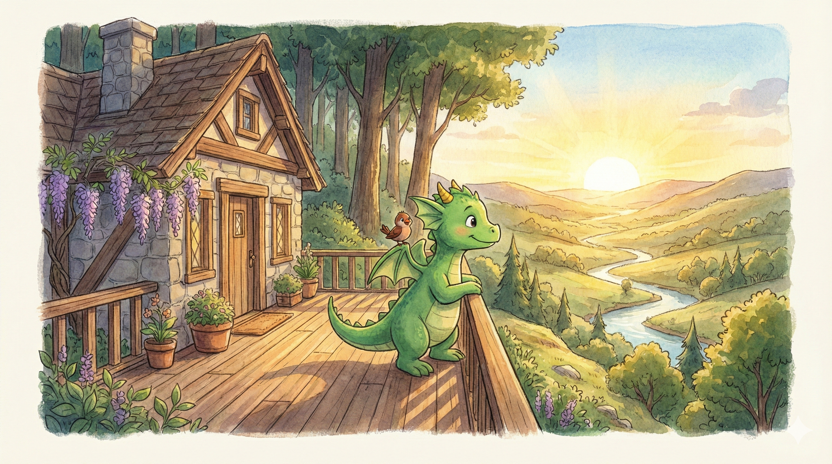 Fennel the dragon leaning on the porch railing of his new home, looking out over the Valley at sunset with Chirp on his shoulder