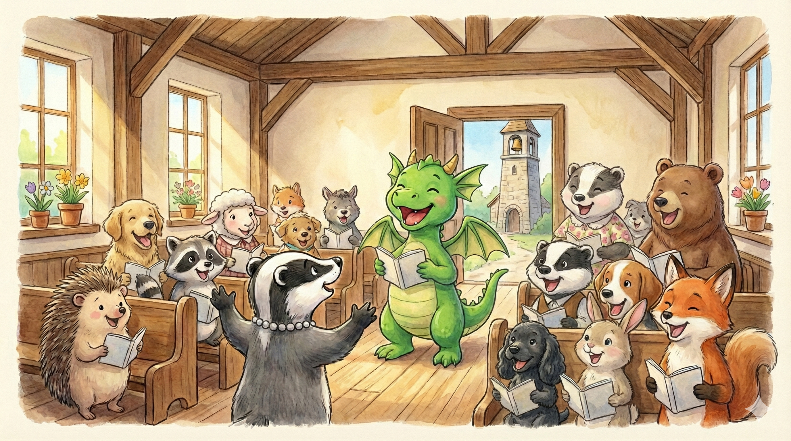 Fennel and the Valley animals singing joyfully together in the meeting house, with a bell tower visible through the open door