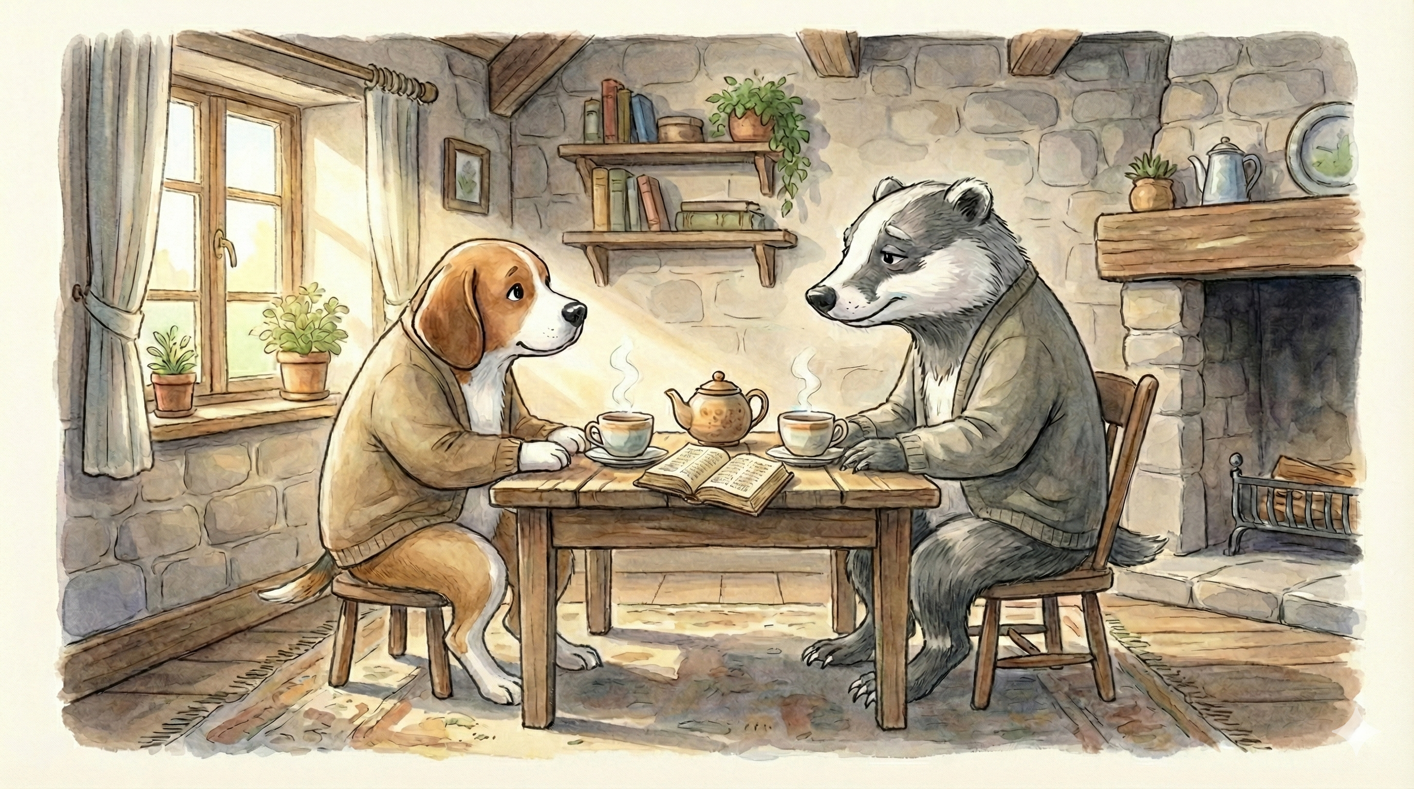 Stanley the beagle sharing tea and conversation with a badger at a small table in his cozy stone burrow