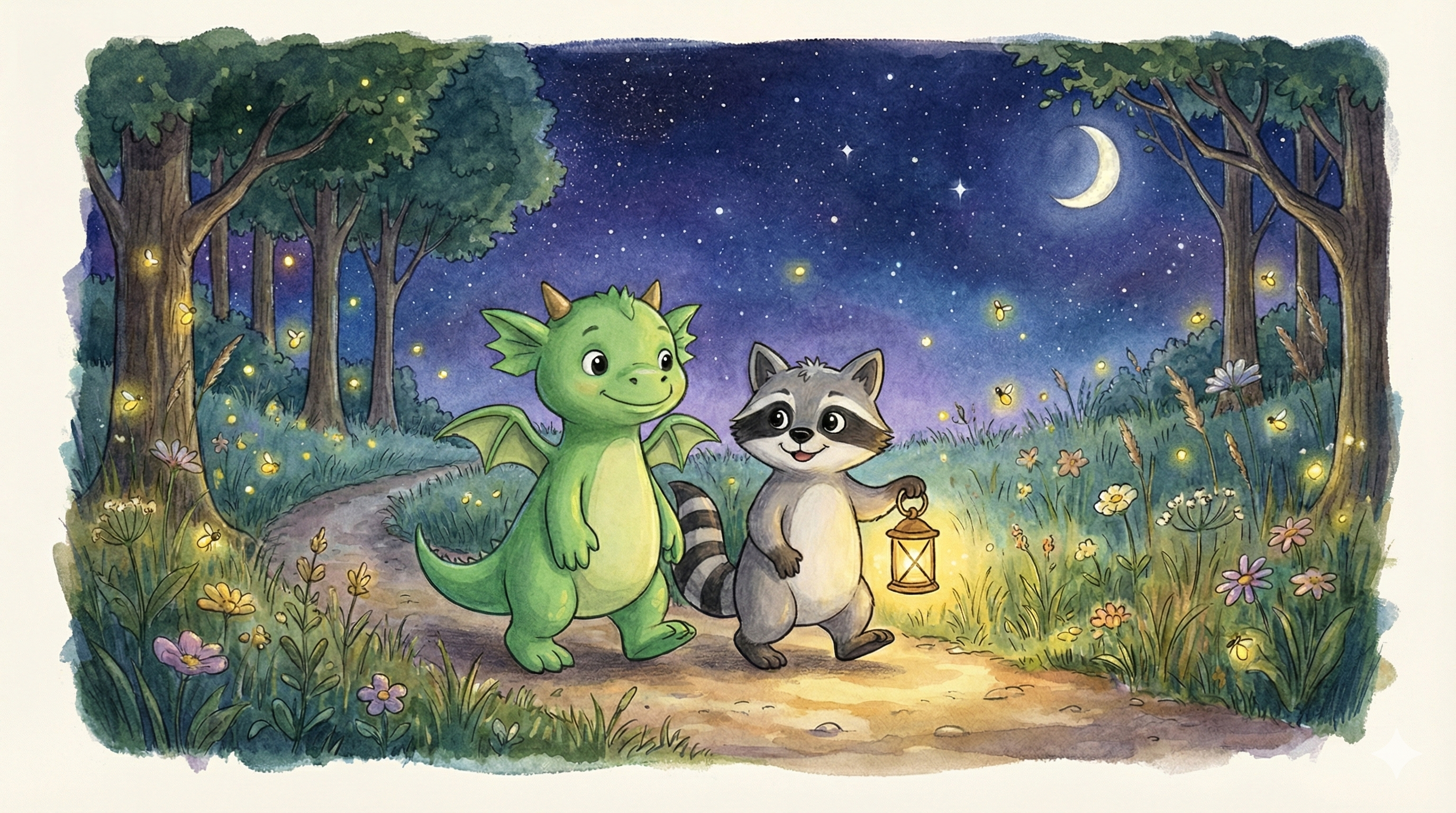 Fennel and Baxter the raccoon walking together along a moonlit path through firefly-filled woods