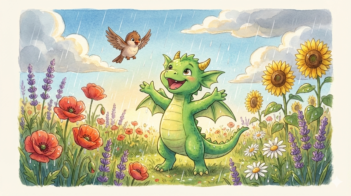 Fennel and Chirp the sparrow joyfully dancing in the rain among sunflowers, poppies, and lavender