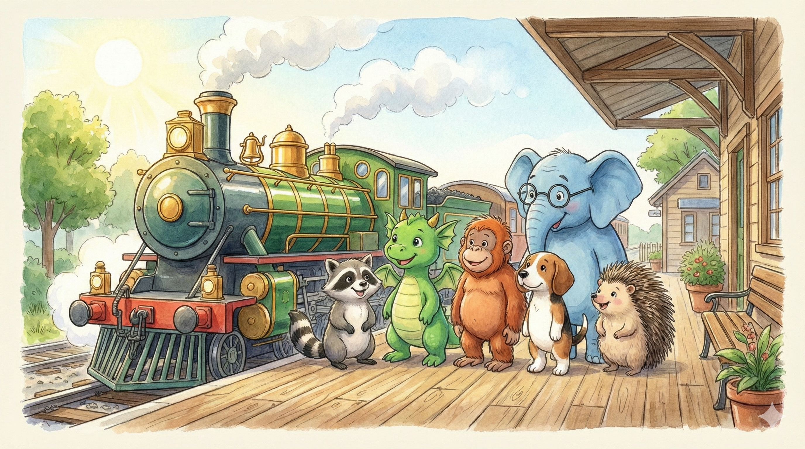 Fennel and his friends standing together on a train platform beside a green steam locomotive