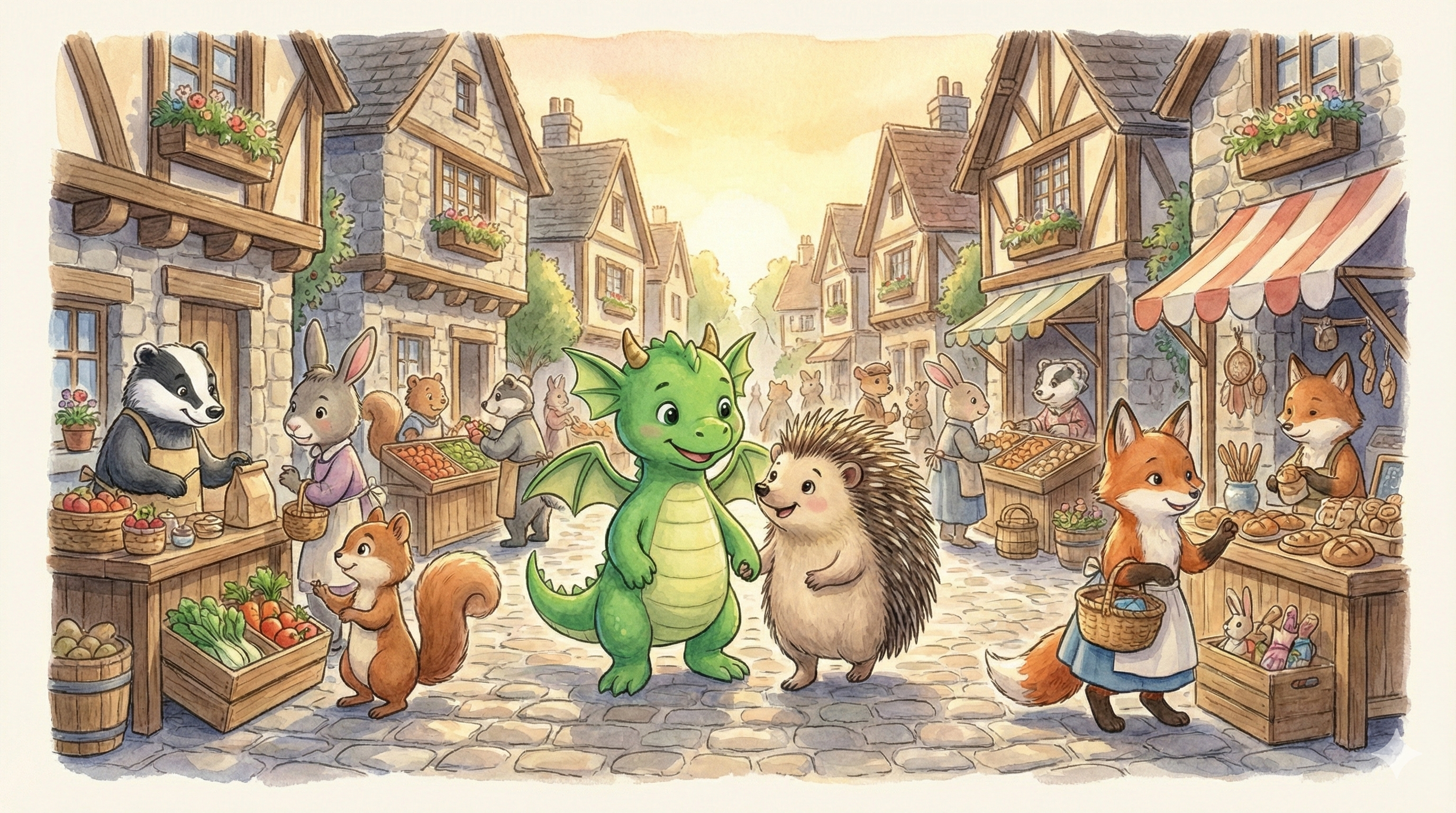 Fennel and Stickles walking through the cobblestone village street, surrounded by market stalls and friendly neighbors